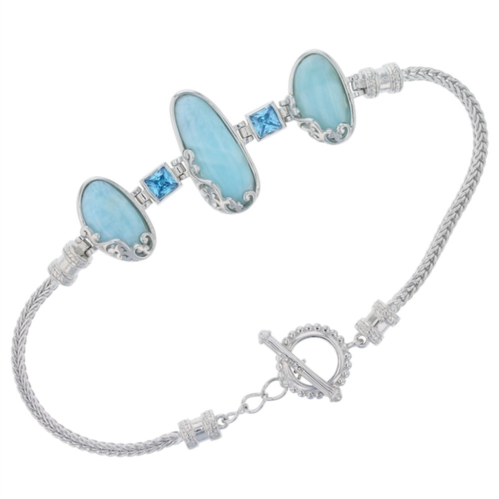 925 Sterling Silver Larimar Freeform Swirl Frame w Square Aqua CZ Bracelet 7"+1"